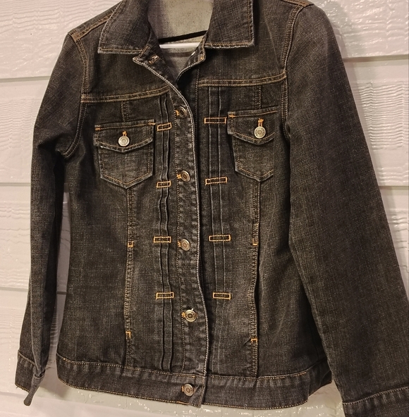 Chico's Platinum Jacket Dark Gray Denim Women Size 1 (Medium) Pleated Front - Picture 2 of 10